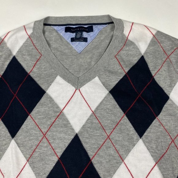Tommy Hilfiger Pima Cotton Argyle Diamond Sweater Men's XL Gray Knit V Neck - Picture 2 of 8